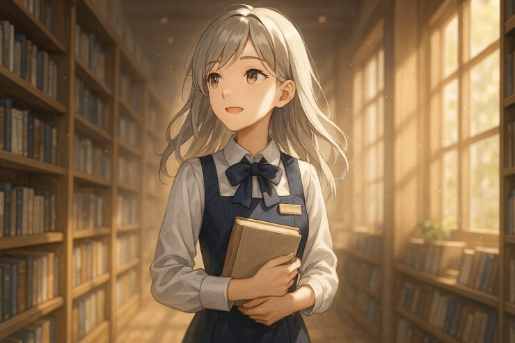 書店内の通路で本を抱え、前を見つめるミリアの横長イラスト