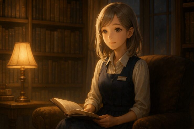 読書スペースで本を開き、穏やかに微笑むミリアの横長イラスト