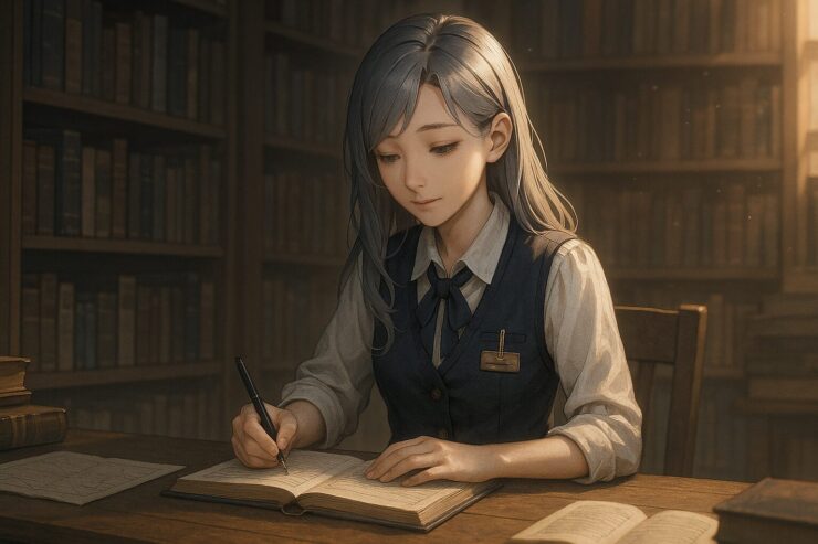 書店奥の木製デスクで帳簿に記録するミリアの横長イラスト