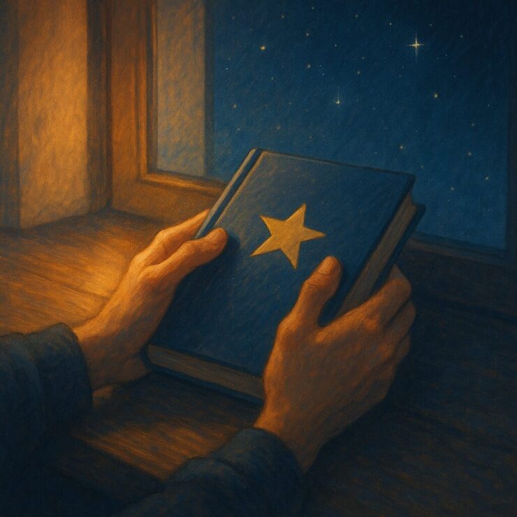 金の星が描かれた一冊の本を静かに閉じる青年の手元と窓の外の星空