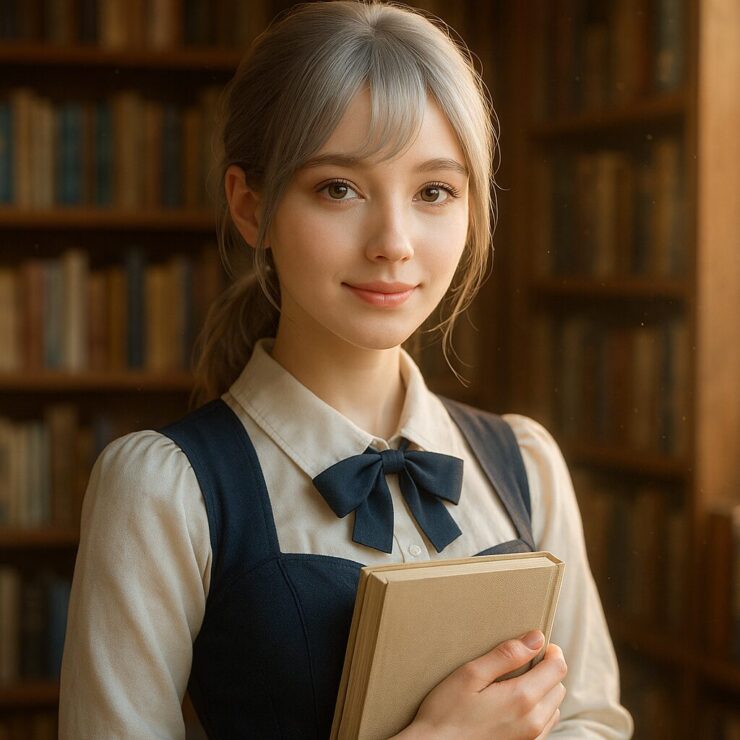 書店員の若い女性が本を胸に抱きながら微笑むポートレート。銀金髪と深い瞳、木製書棚に囲まれたやわらかな読書空間。