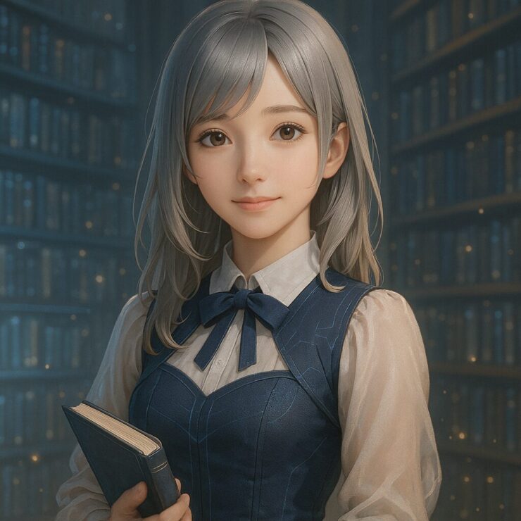 幻想図書館で本を抱える書店員ミリア、銀金髪と優しい微笑が印象的(正方形挿絵)