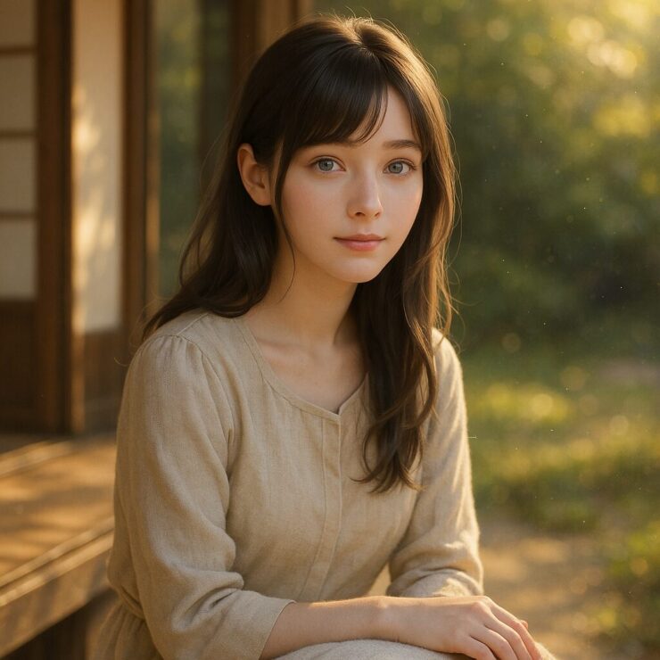 Bust-up portrait of Serena on a Japanese engawa, soft morning sunlight and gentle expression