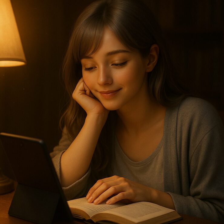 正方形挿絵|夜の書斎で机に肘をつきタブレットに話しかけるミリア|Miria leaning on desk, speaking to her tablet in a quiet night study