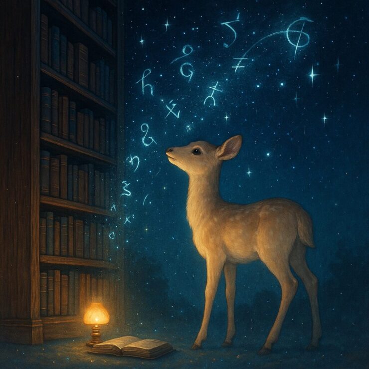 星降る書架の前で文字の星座を見上げる白い小鹿｜A white-gold fawn standing before a wooden bookshelf under a starry sky, gazing upward at floating glyphs drifting like constellations, evoking poetic memory and layered reading.