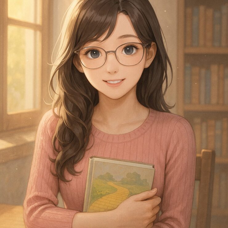 窓辺で本を読みながら微笑むセリナ。手には黄色いレンガ道が描かれた本を持ち、朝の光に包まれている