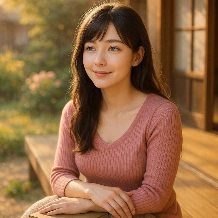 Serena sitting on a Japanese engawa in a pink ribbed knit, holding a book in soft sunlight