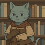 書店員姿の猫獣人キャラクター・ブレイブが本棚の前で本を抱えて微笑んでいる