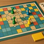 ボードゲーム風のカラフルなゲーム盤と駒が並ぶ机上の風景