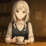 喫茶店のカウンターで静かに微笑むミリア。紅茶を手に、火種のようなぬくもりを湛える眼差し。『REBOOT』告知記事用アイキャッチ。