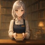 書店カウンターで本を差し出す書店員ミリアの横長イラスト