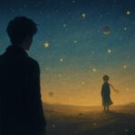 星降る砂漠で、青年が小さな王子の姿を見つめている幻想的な風景
