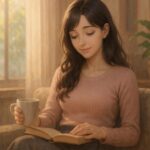 A gentle woman in a pink sweater reading with a warm drink in a sunlit room（やさしい雰囲気の女性、日差しの中で読書と温かなひとときを）
