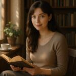 A gentle woman reading a book by the window, bathed in warm light in a quiet library（窓辺で読書をするやさしい女性、静かな図書室にて）