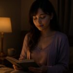 A young woman in lavender nightwear reading at night under a warm lamp, calm and serene（ラベンダー色の部屋着を纏った女性が、夜のやさしい灯りのもとで本を読む静かな時間）