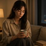 A quiet young woman in casual wear gazing down in a softly lit room at night, wrapped in gentle solitude（夜の柔らかな灯りの中、カジュアルな装いで静かに佇む若い女性）