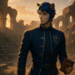 廃墟の劇場を歩く獅子獣人の青年が『モモ』を手に、沈む夕日を背に静かに佇む姿