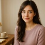 A gentle young woman with blue-gray eyes sits in soft light, surrounded by warm objects that reflect love and tenderness（青灰色の瞳をもつやさしい女性が、愛とぬくもりを感じさせる小物に囲まれて静かに座っている）