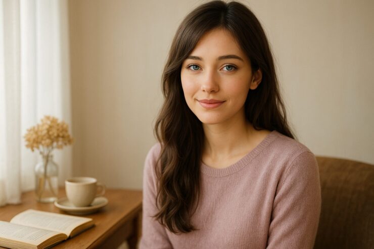 A gentle young woman with blue-gray eyes sits in soft light, surrounded by warm objects that reflect love and tenderness（青灰色の瞳をもつやさしい女性が、愛とぬくもりを感じさせる小物に囲まれて静かに座っている）