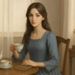 An elegant young woman in a cold-toned Victorian dress sits beside a tea table in a softly lit room（寒色系ヴィクトリア調ドレスをまとった優雅な若い女性が、柔らかな光の室内でティーテーブルのそばに座っている）