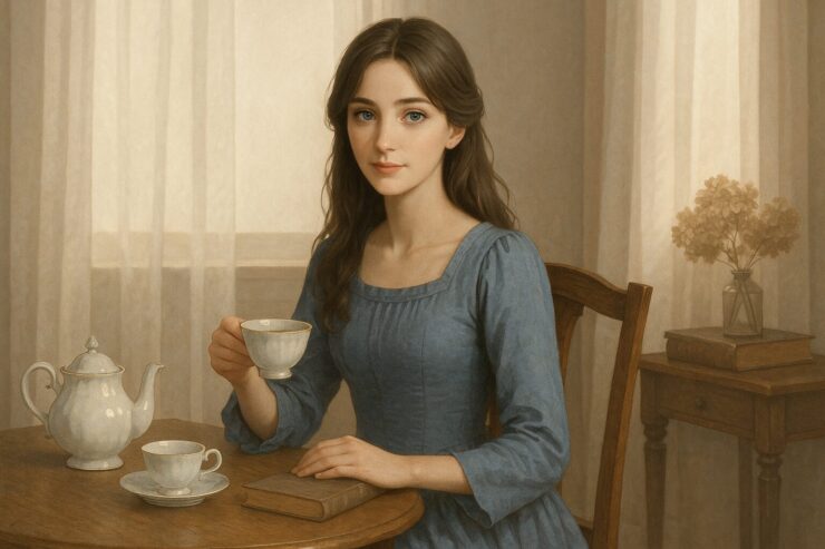 An elegant young woman in a cold-toned Victorian dress sits beside a tea table in a softly lit room（寒色系ヴィクトリア調ドレスをまとった優雅な若い女性が、柔らかな光の室内でティーテーブルのそばに座っている）