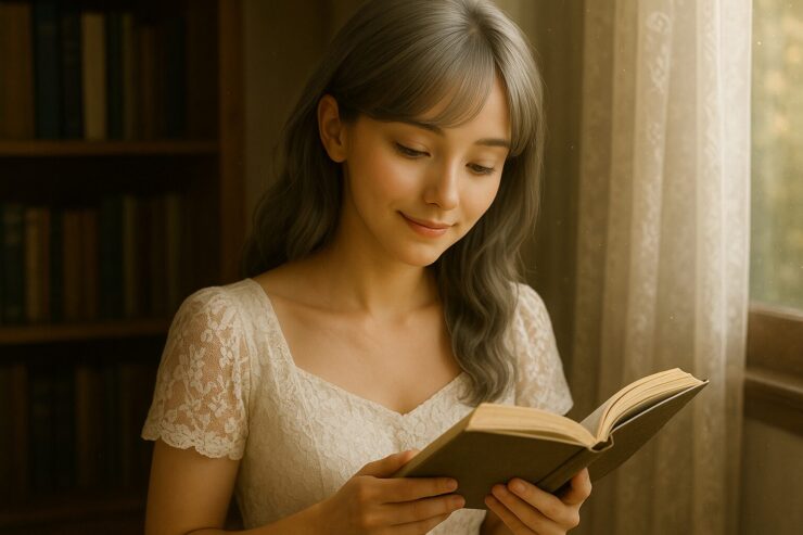 白いレースドレスを着て本を読む若い女性、柔らかい光の中で穏やかな表情
