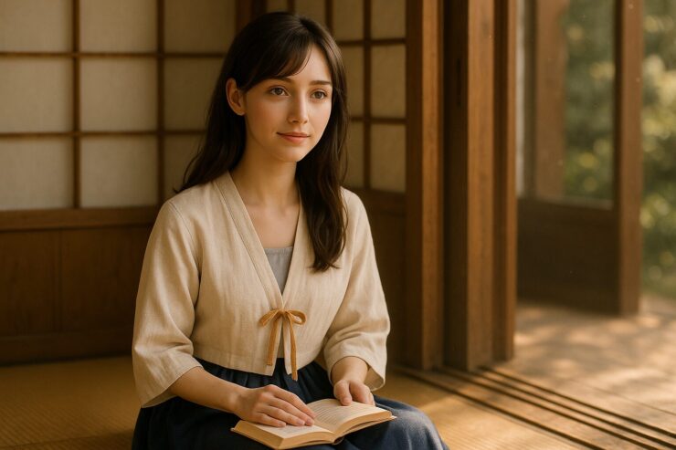 縁側に座って読書するセリナが、静かに微笑む横長構図のアイキャッチ画像