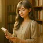 A young woman with silver-gold hair and a gentle smile, dressed in a cream linen dress and beige cardigan, browsing books in a softly lit bookstore.