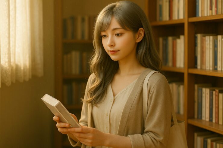 A young woman with silver-gold hair and a gentle smile, dressed in a cream linen dress and beige cardigan, browsing books in a softly lit bookstore.