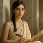 大理石の柱のそばでラテン風の衣装をまとい、光の中にたたずむセリナ。静けさと知性を宿した横長アイキャッチ