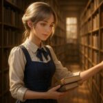 銀金髪の書店員が本棚に本を並べる様子を横長構図で描いた光の美しい一枚。柔らかな午後光と木製棚に包まれた温かな雰囲気。