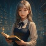 未来的な図書館に立つ書店員の少女ミリアが、本を差し出すシーン（銀金髪・青いコルセット服）
