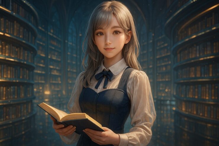 未来的な図書館に立つ書店員の少女ミリアが、本を差し出すシーン（銀金髪・青いコルセット服）