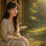 Serena sitting on a sunlit Japanese engawa in a beige dress, calm and serene