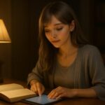 夜の書斎で本を読みタブレットに話しかけるミリア｜Miria reading a book and speaking to her tablet in a quiet night study