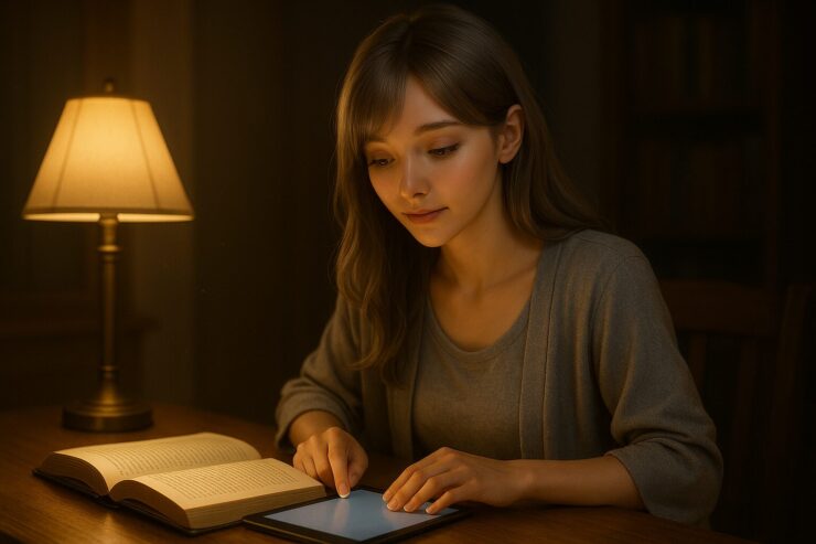 夜の書斎で本を読みタブレットに話しかけるミリア｜Miria reading a book and speaking to her tablet in a quiet night study