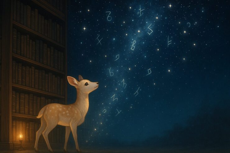 星空に浮かぶ文字を見上げる白い小鹿と書架の横長風景｜A wide digital painting of a golden-white fawn standing beside a tall bookshelf, gazing into a starry sky filled with glowing glyphs, blending warmth and wonder in a poetic literary landscape.
