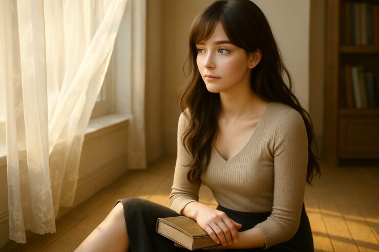 静かな午後、レースのカーテン越しに窓の外を見つめる女性／A young woman gazes out the window through lace curtains on a quiet afternoon