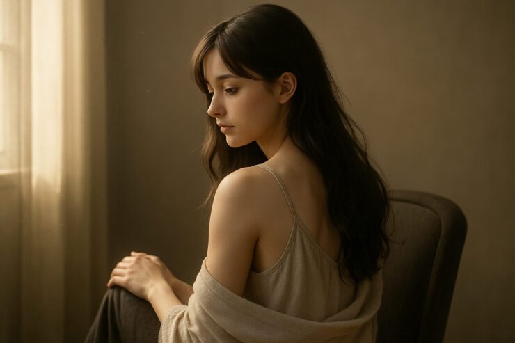 静かな午後、レースのカーテン越しに窓の外を見つめる女性／A young woman gazes out the window through lace curtains on a quiet afternoon