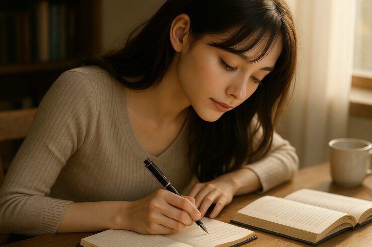本を読みながらノートにメモを取る若い女性（セリナ）｜A young woman taking notes while reading a book in a soft-lit morning scene