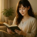 ソファに座って本をゆっくり読む若い女性（セリナ）｜A young woman calmly reading a book on a sofa, enjoying a quiet moment with warm sunlight