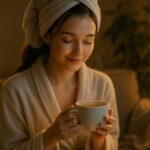 夜の室内で、ハーブティーの湯気を見つめながら微笑む女性（ガウン姿）｜A young woman in a bathrobe gazes at a steaming cup of herbal tea in a dimly lit room at night