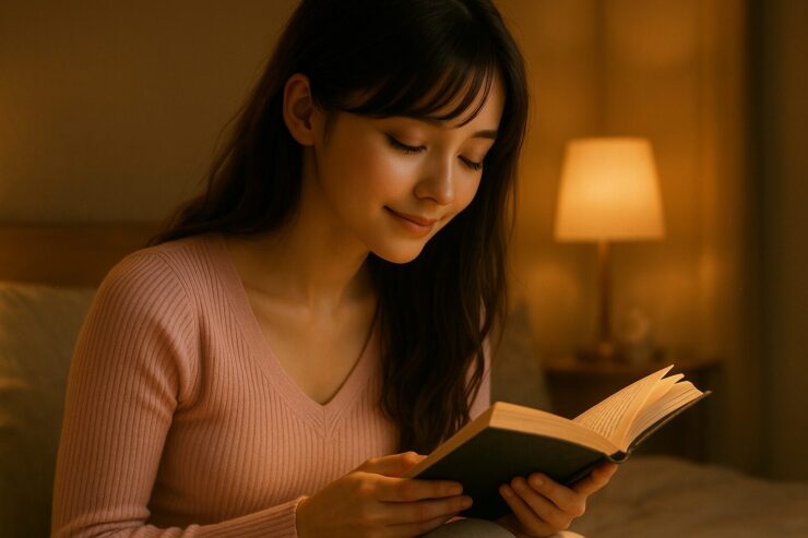 リブニットを着た若い女性が読書をする静かな時間｜A young woman reading quietly in a soft ribbed knit top