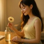 セリナが一輪の花を丁寧にガラス瓶へ生ける穏やかな室内シーン／A serene indoor moment of Selina arranging a single flower in a glass vase.