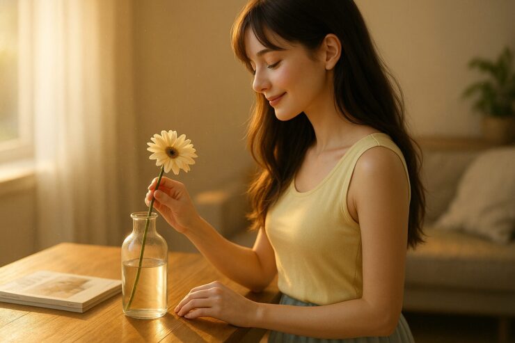 セリナが一輪の花を丁寧にガラス瓶へ生ける穏やかな室内シーン／A serene indoor moment of Selina arranging a single flower in a glass vase.