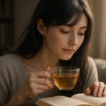 本を読みながらハーブティーを飲むセリナの横長写真｜Serina reading a book while sipping herbal tea in a calm and warm setting