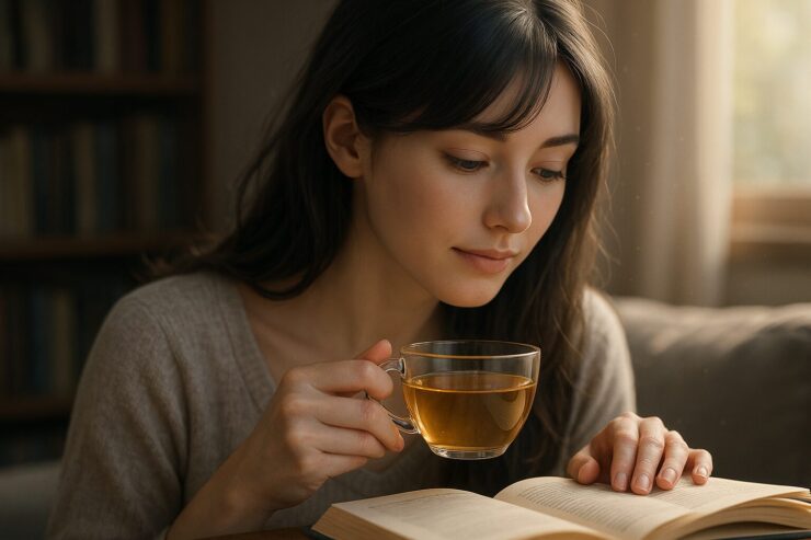 本を読みながらハーブティーを飲むセリナの横長写真｜Serina reading a book while sipping herbal tea in a calm and warm setting