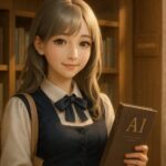 本を丁寧に手に取る銀金グラデの髪をした書店員風の若い女性。柔らかな照明と木の本棚に囲まれ、知的で落ち着いた微笑みを浮かべている姿。 A young female bookstore clerk with silver-gold gradient hair, gently holding a book in a softly lit wooden interior. Her calm smile and elegant posture reflect a poetic, thoughtful atmosphere.