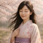 春の桜並木の下、淡いピンクの和服をまとったセリナが目を閉じて微笑む姿。風に髪がなびき、花びらが舞う中、静けさと希望が共に写し出されている。 A young woman in a pale pink kimono stands under cherry blossoms, her eyes closed and smile gentle, as spring petals drift through the soft light.