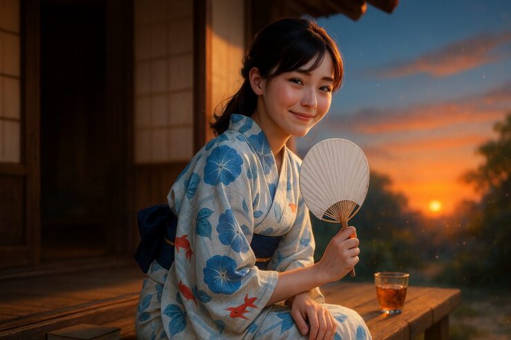 縁側に腰掛け、夕焼けに照らされながら微笑むセリナ。青い浴衣に朝顔と金魚の柄が揺れ、団扇を持つ手元に夏の余韻が漂う。 Serina sits on a wooden engawa at sunset, wearing a blue yukata with morning glories and goldfish. Holding a fan, she smiles gently as the warm evening light surrounds her.